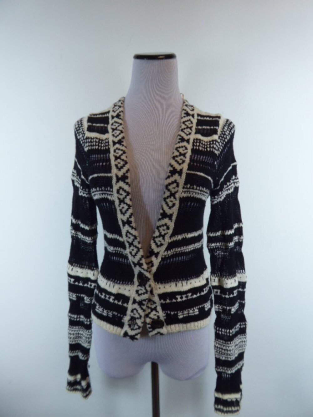 Free People black fair isle cotton v neck cardigan sweater S